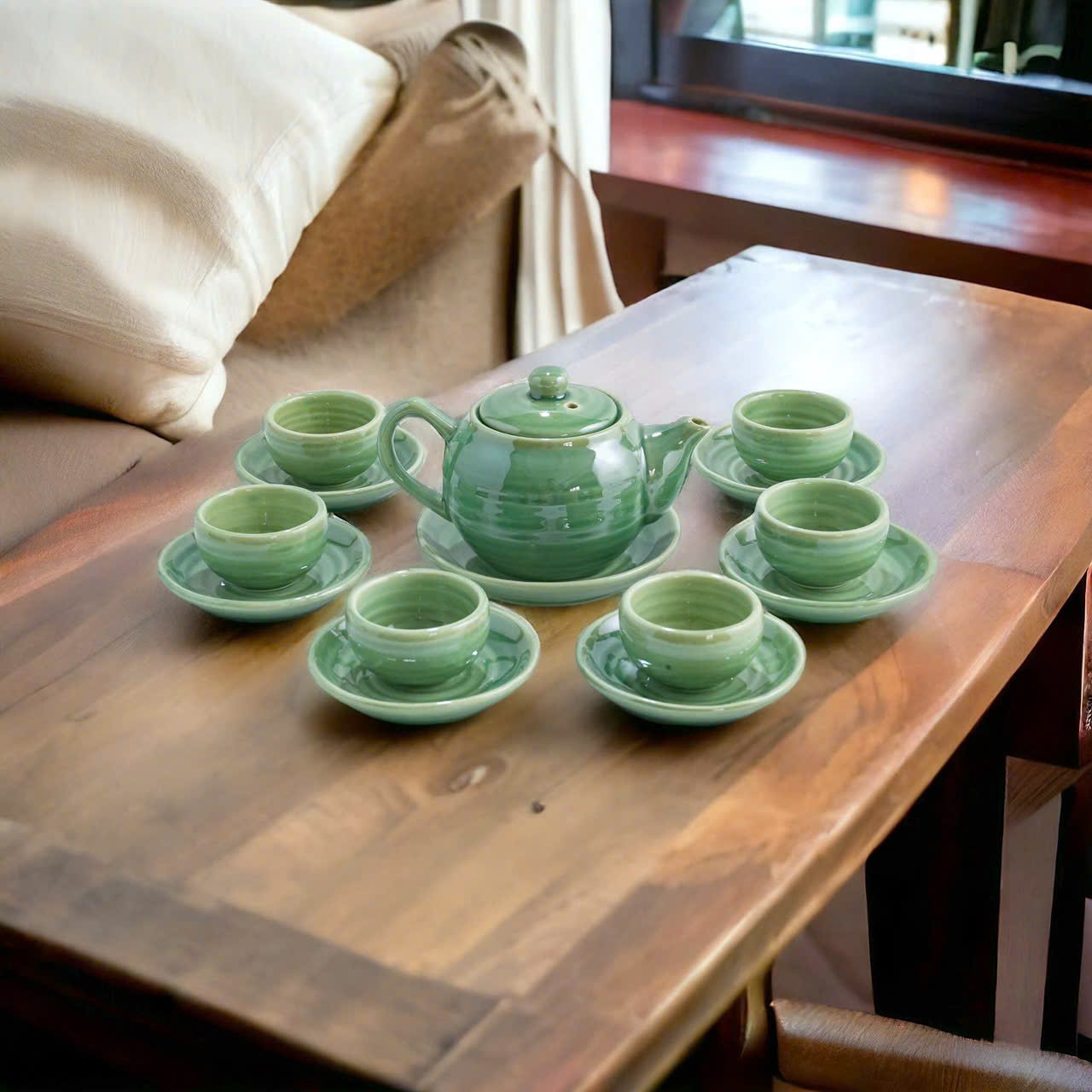 ấm chén hoa biến xanh ngoc