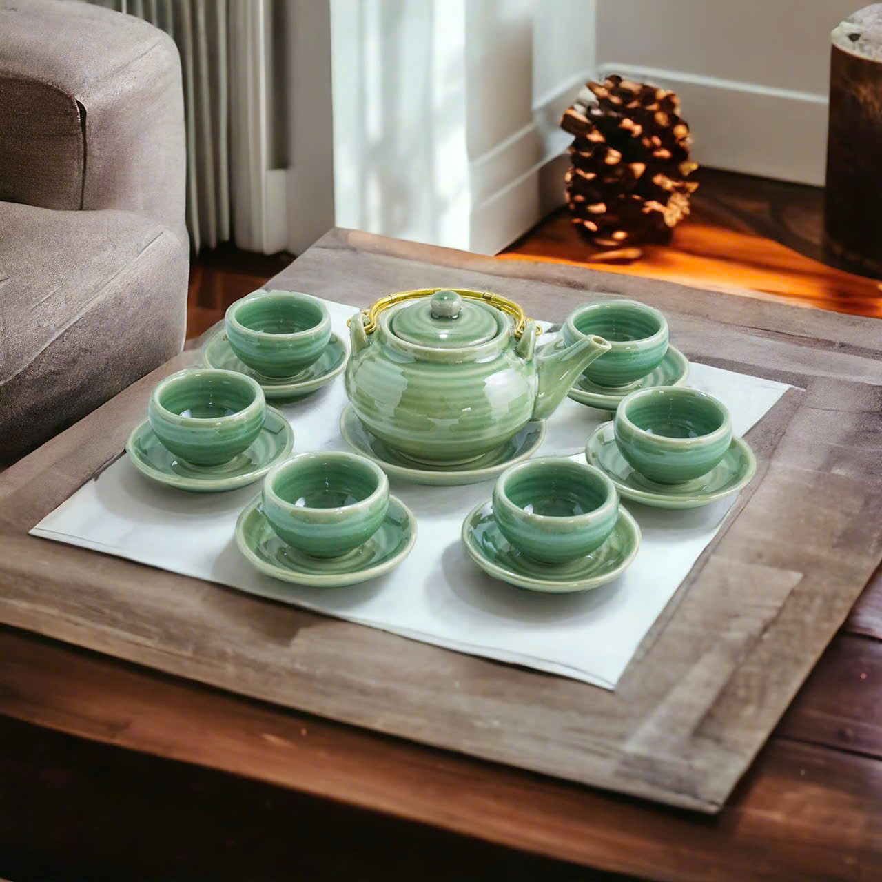 ấm chén hoa biến xanh ngoc