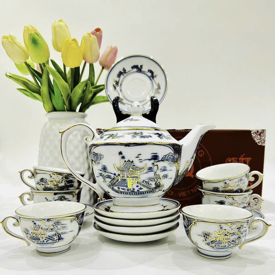 Bộ Ấm Trà Vẽ Chùa Một Cột Chỉ Vàng 24k VN AC 56