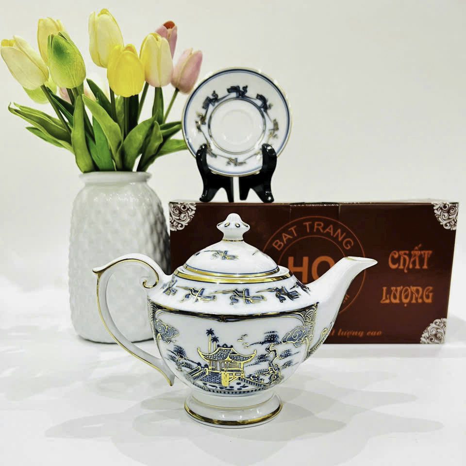 Bộ Ấm Trà Vẽ Chùa Một Cột Chỉ Vàng 24k VN AC 56