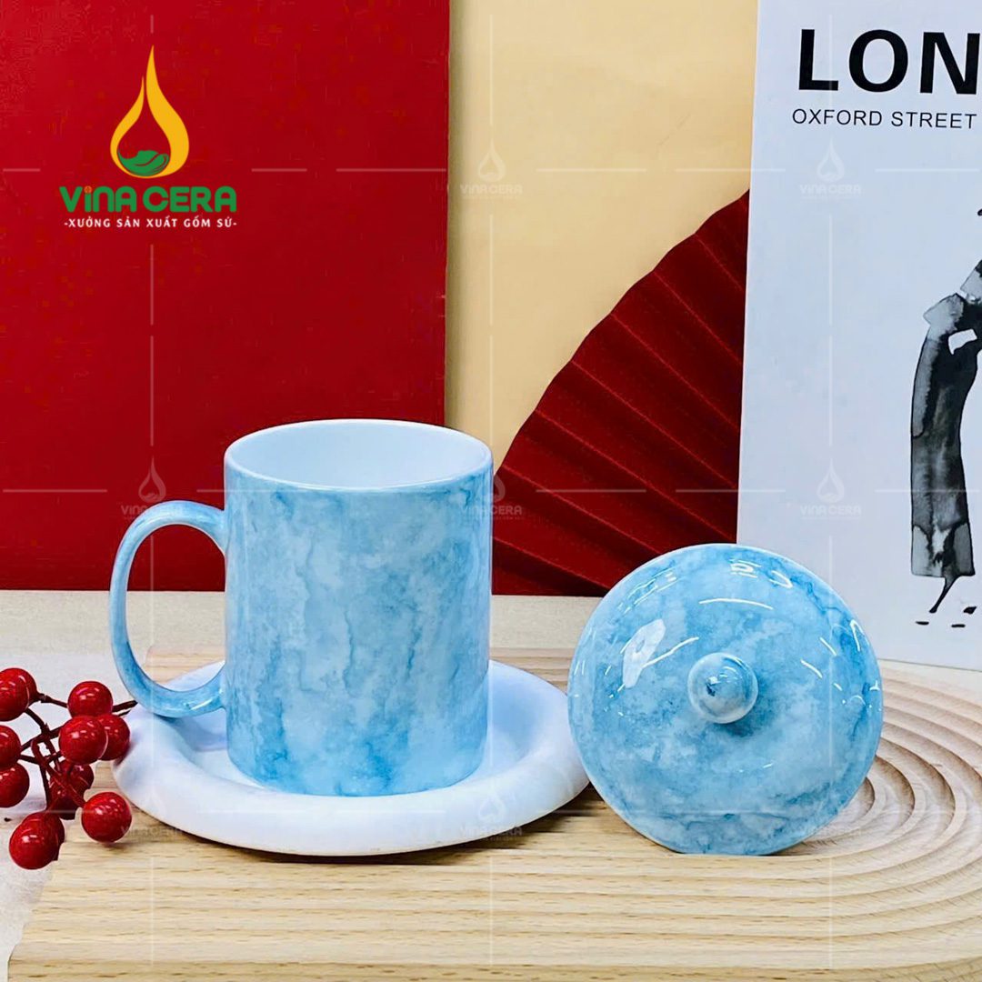 Ly sứ quai C men vân đá có nắp