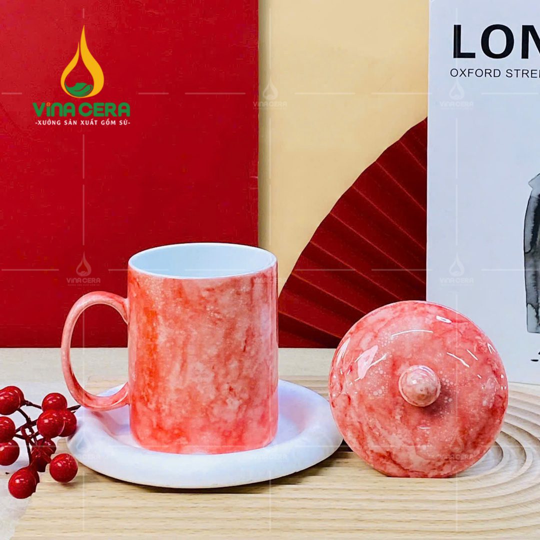 Ly sứ quai C men vân đá có nắp