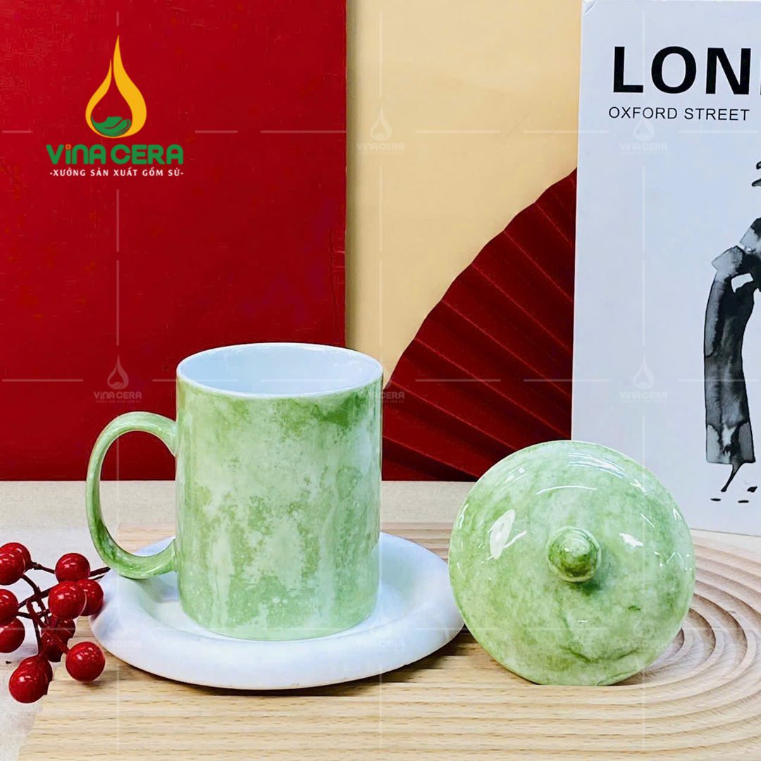 Ly sứ quai C men vân đá có nắp