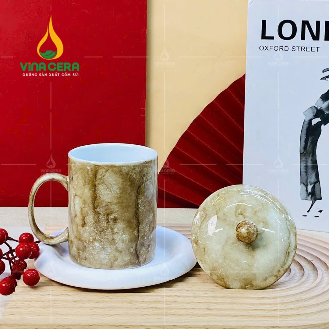 Ly sứ quai C men vân đá có nắp