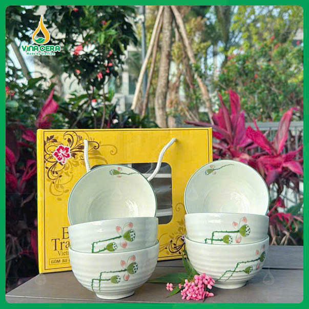 Bộ 6 bát ăn Cơm cao cấp vẽ Đài Sen