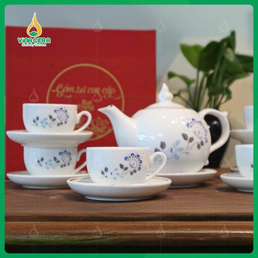 Bộ Ấm Chén Dáng Bưởi Chóp Ngọn Lửa In logo Đại Hội Đảng