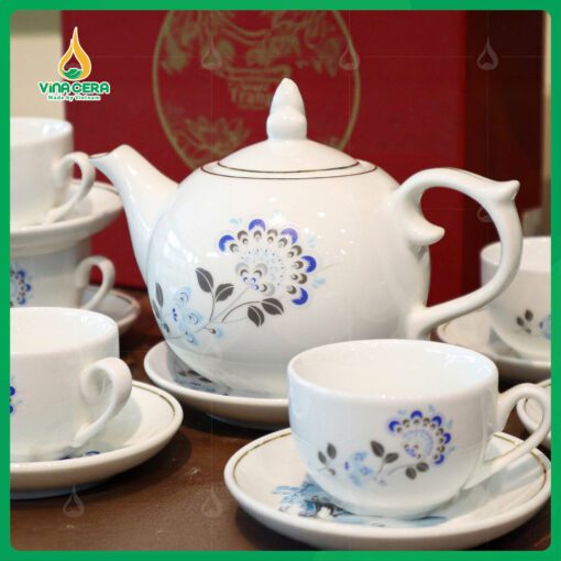 Bộ Ấm Chén Dáng Bưởi Chóp Ngọn Lửa In logo Đại Hội Đảng