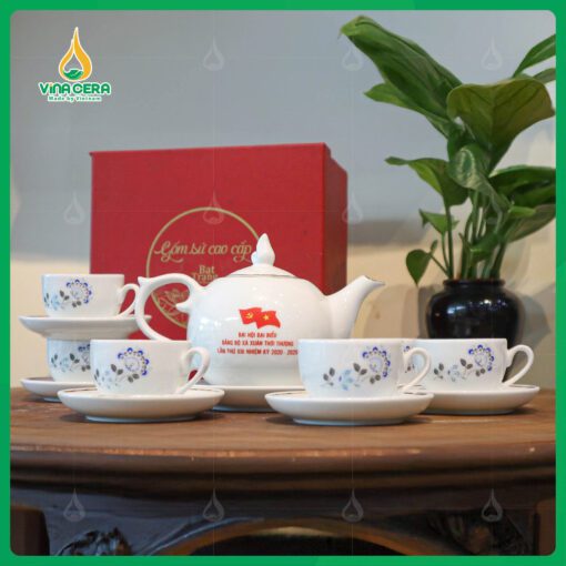 Bộ Ấm Chén Dáng Bưởi Chóp Ngọn Lửa In logo Đại Hội Đảng