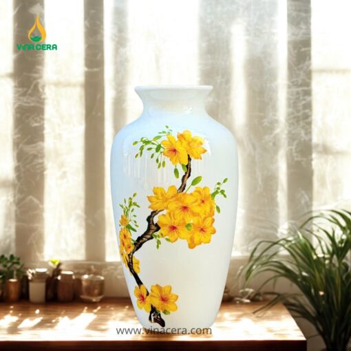 Bình Hoa Sứ Dáng Lục Bình Vẽ Hoa Mai Vàng Bát Tràng Bình Hoa Sứ Dáng Lục Bình Vẽ Hoa Mai Vàng Bát Tràng