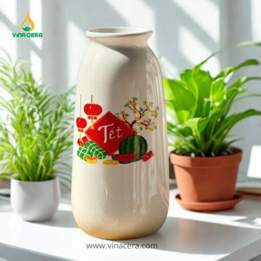 Bình Hoa Sứ Bát Tràng Dáng Trụ Hoa Văn Tết Vẽ Hoa Mai, Dưa Hấu, Bánh Chưng