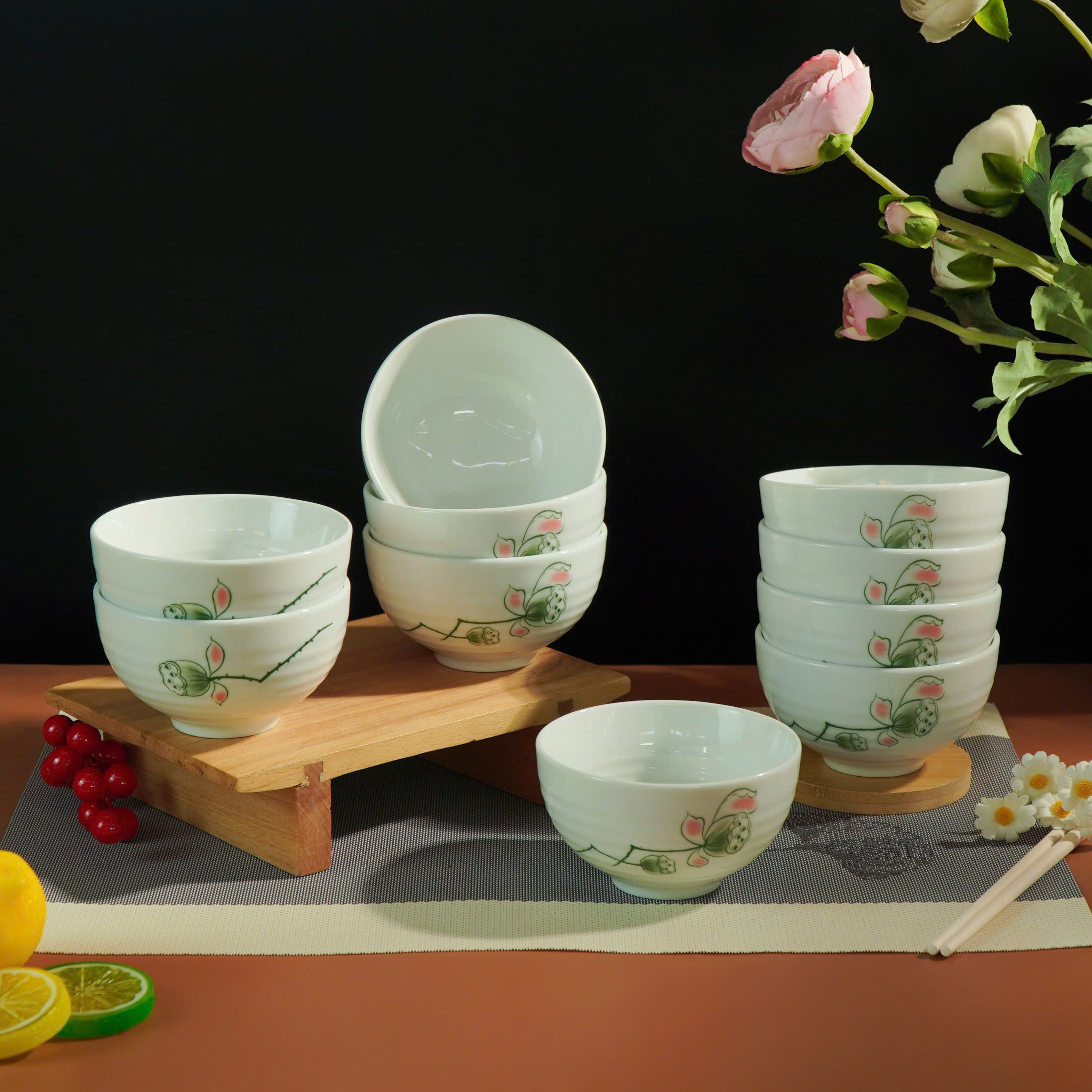 Bộ Bát Cơm Bát Tràng Men Kem Đài Sen