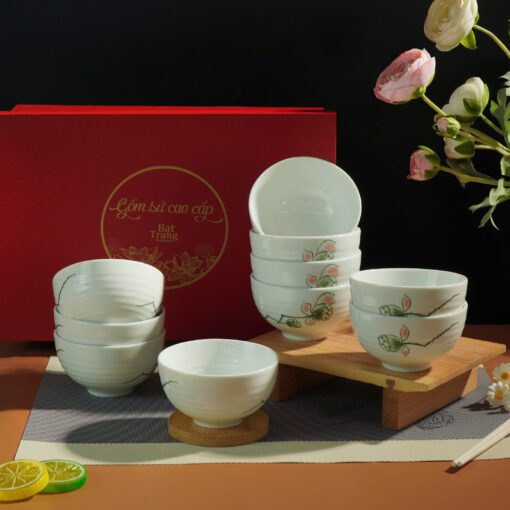 Bộ Bát Cơm Bát Tràng Men Kem Đài Sen