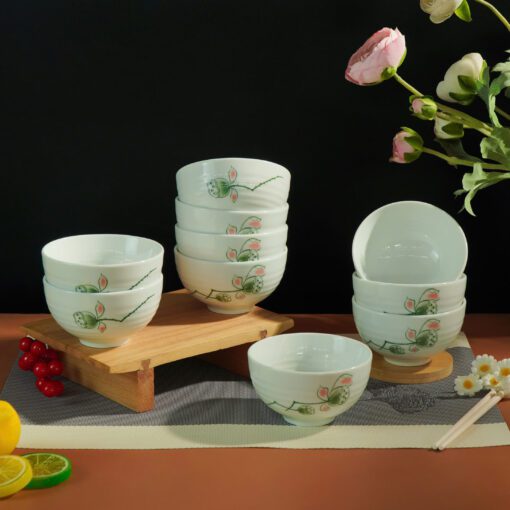 Bộ Bát Cơm Bát Tràng Men Kem Đài Sen