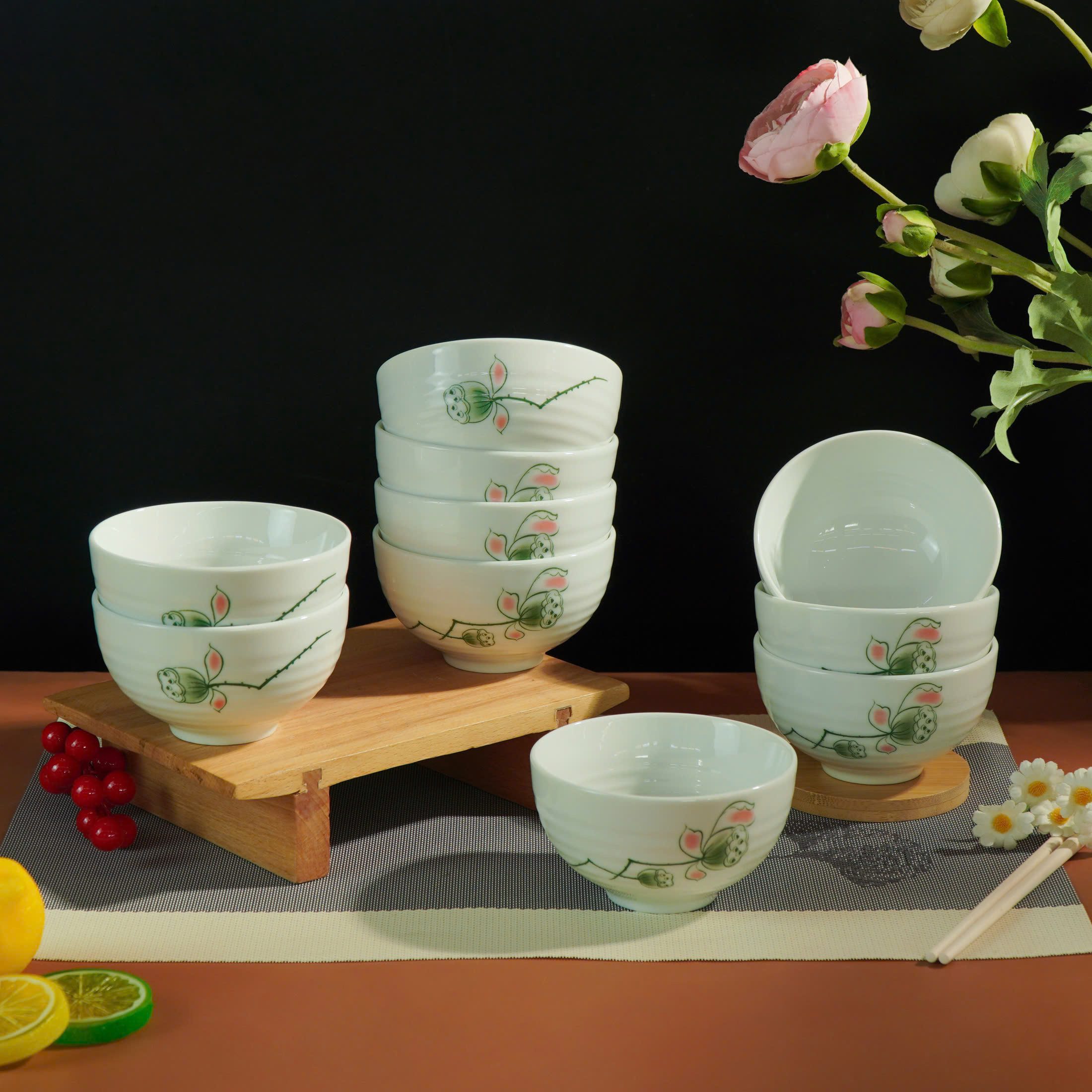 Bộ Bát Cơm Bát Tràng Men Kem Đài Sen