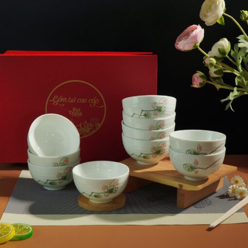 Bộ Bát Cơm Bát Tràng Men Kem Đài Sen