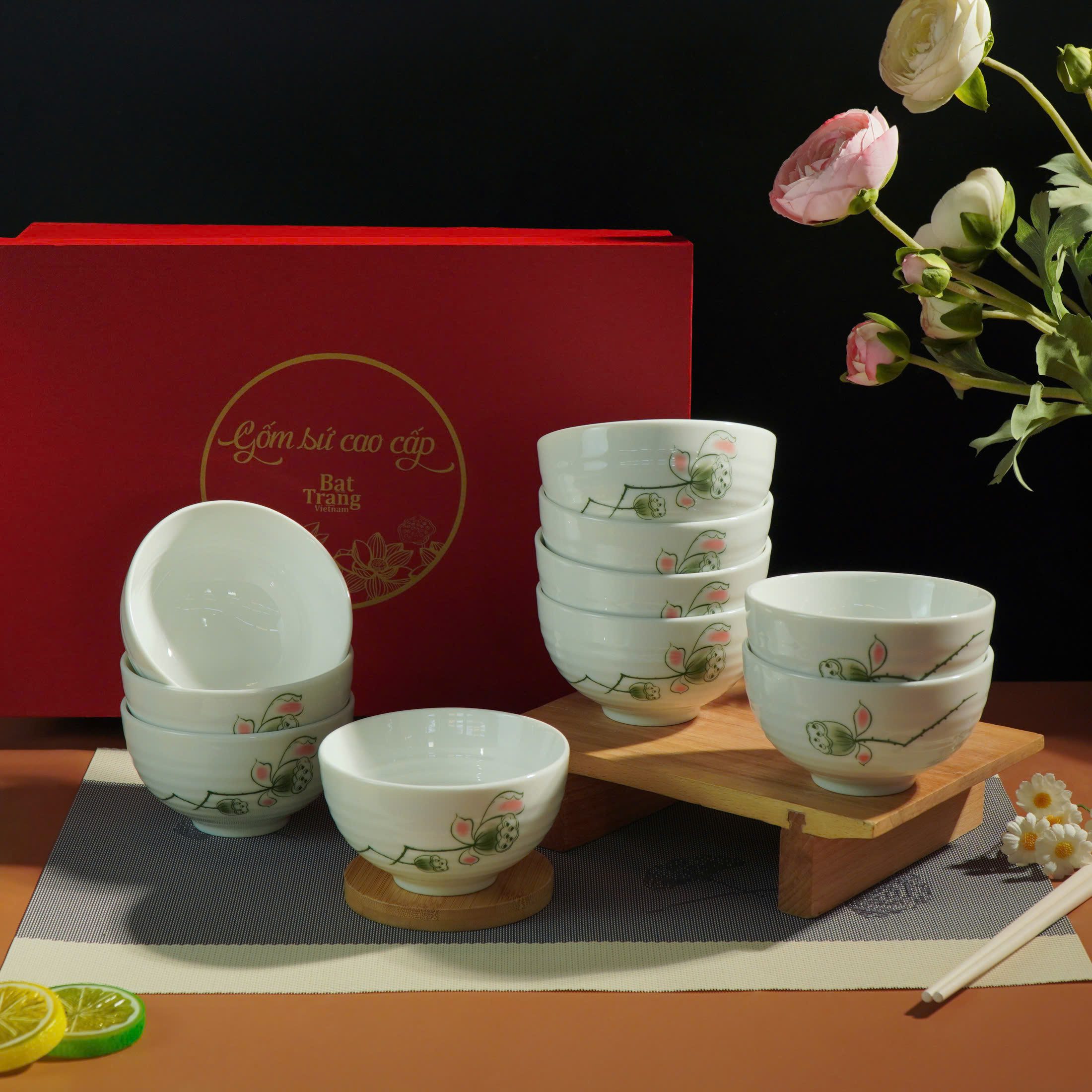 Bộ Bát Cơm Bát Tràng Men Kem Đài Sen Bộ Bát Cơm Bát Tràng Men Kem Đài Sen