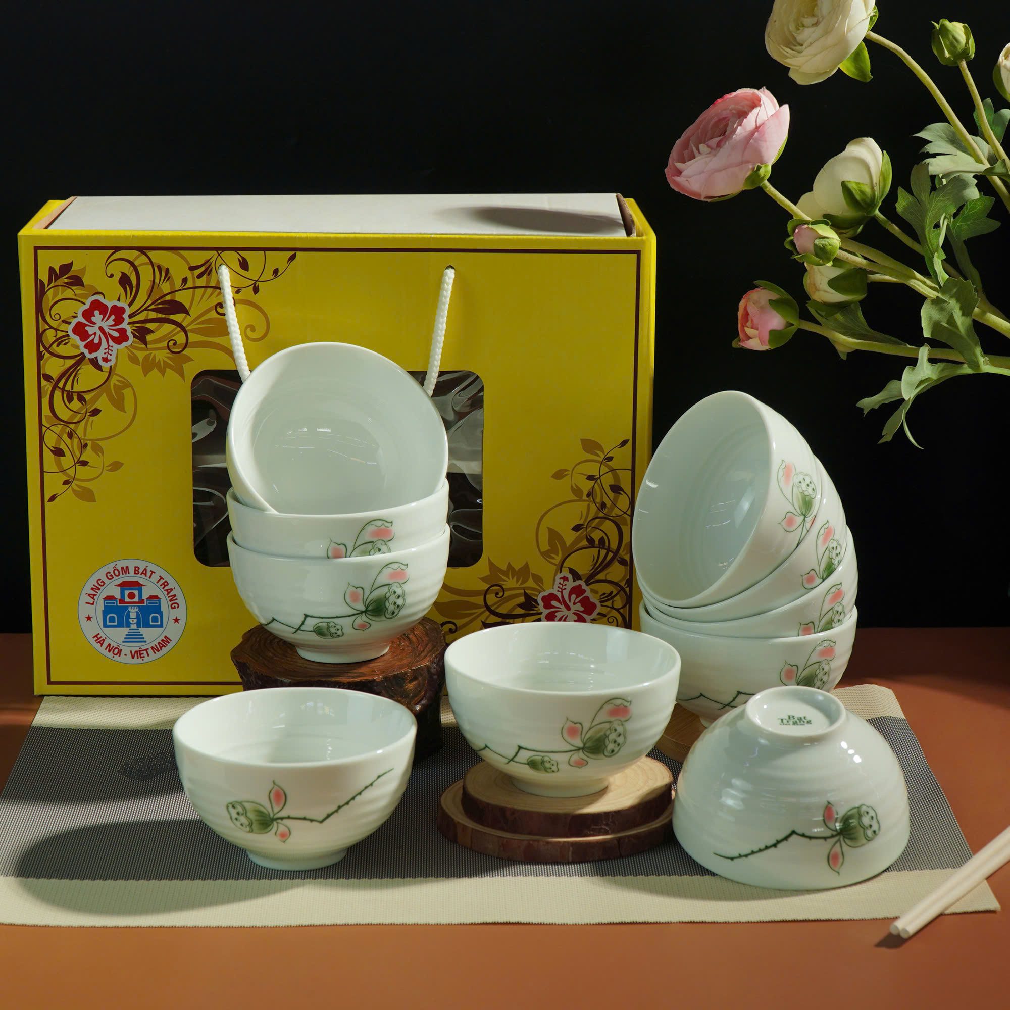 Bộ Bát Cơm Bát Tràng Men Kem Đài Sen Bộ Bát Cơm Bát Tràng Men Kem Đài Sen
