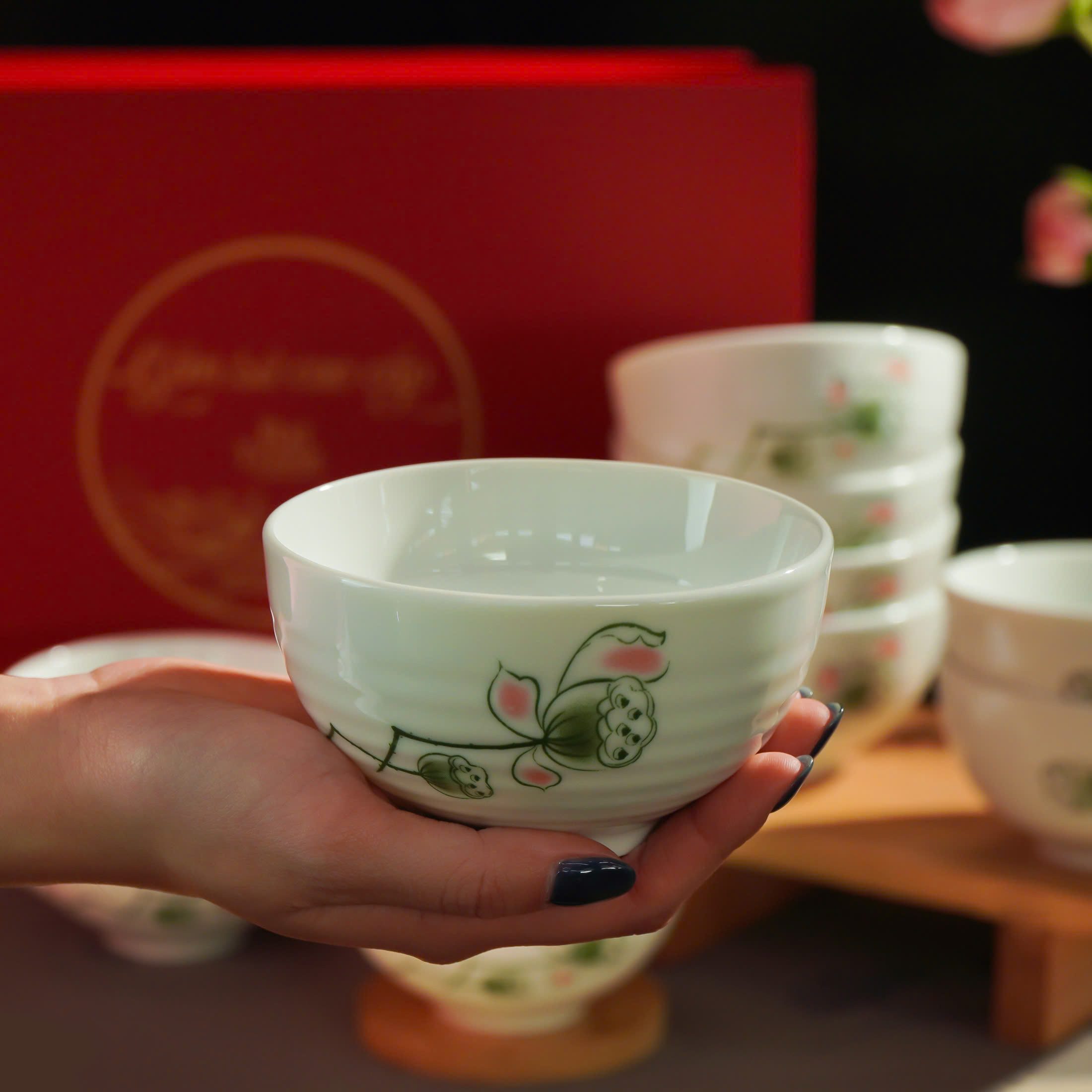 Bộ Bát Cơm Bát Tràng Men Kem Đài Sen