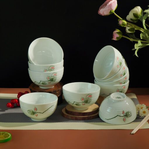 Bộ Bát Cơm Bát Tràng Men Kem Đài Sen