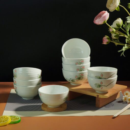 Bộ Bát Cơm Bát Tràng Men Kem Đài Sen