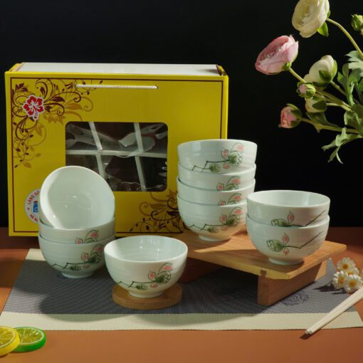 Bộ Bát Cơm Bát Tràng Men Kem Đài Sen