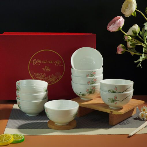 Bộ Bát Cơm Bát Tràng Men Kem Đài Sen