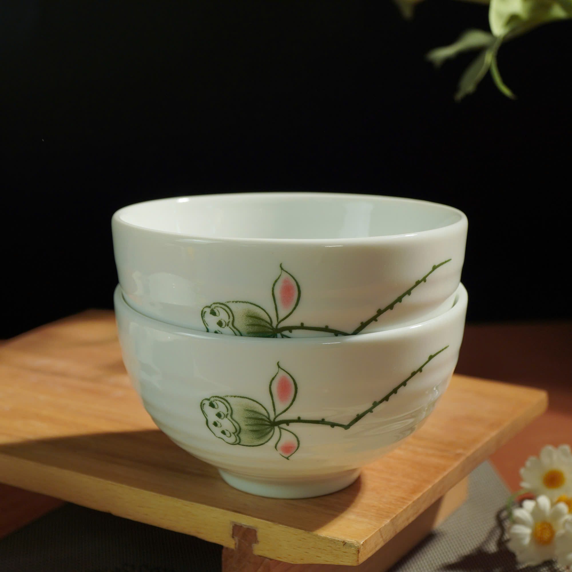 Bộ Bát Cơm Bát Tràng Men Kem Đài Sen