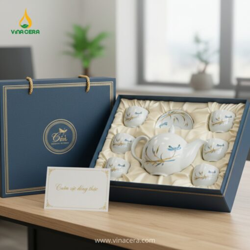 Bộ Ấm Chén Trắng Tre Chuồn Dáng Bưởi Lửa In Logo – Quà Tặng Doanh Nghiệp