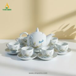 Bộ Ấm Chén Trắng Tre Chuồn Dáng Bưởi Lửa In Logo – Quà Tặng Doanh Nghiệp