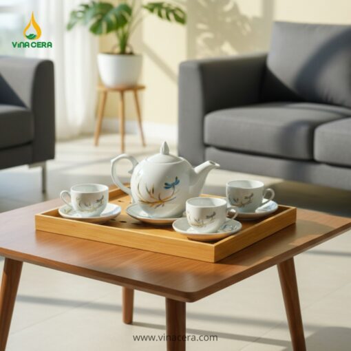 Bộ Ấm Chén Trắng Tre Chuồn Dáng Bưởi Lửa In Logo – Quà Tặng Doanh Nghiệp