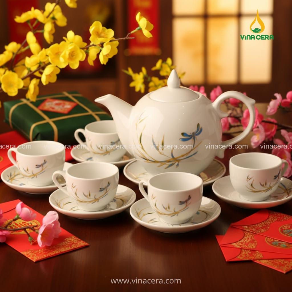 Bộ Ấm Chén Trắng Tre Chuồn Dáng Bưởi Lửa In Logo – Quà Tặng Doanh Nghiệp