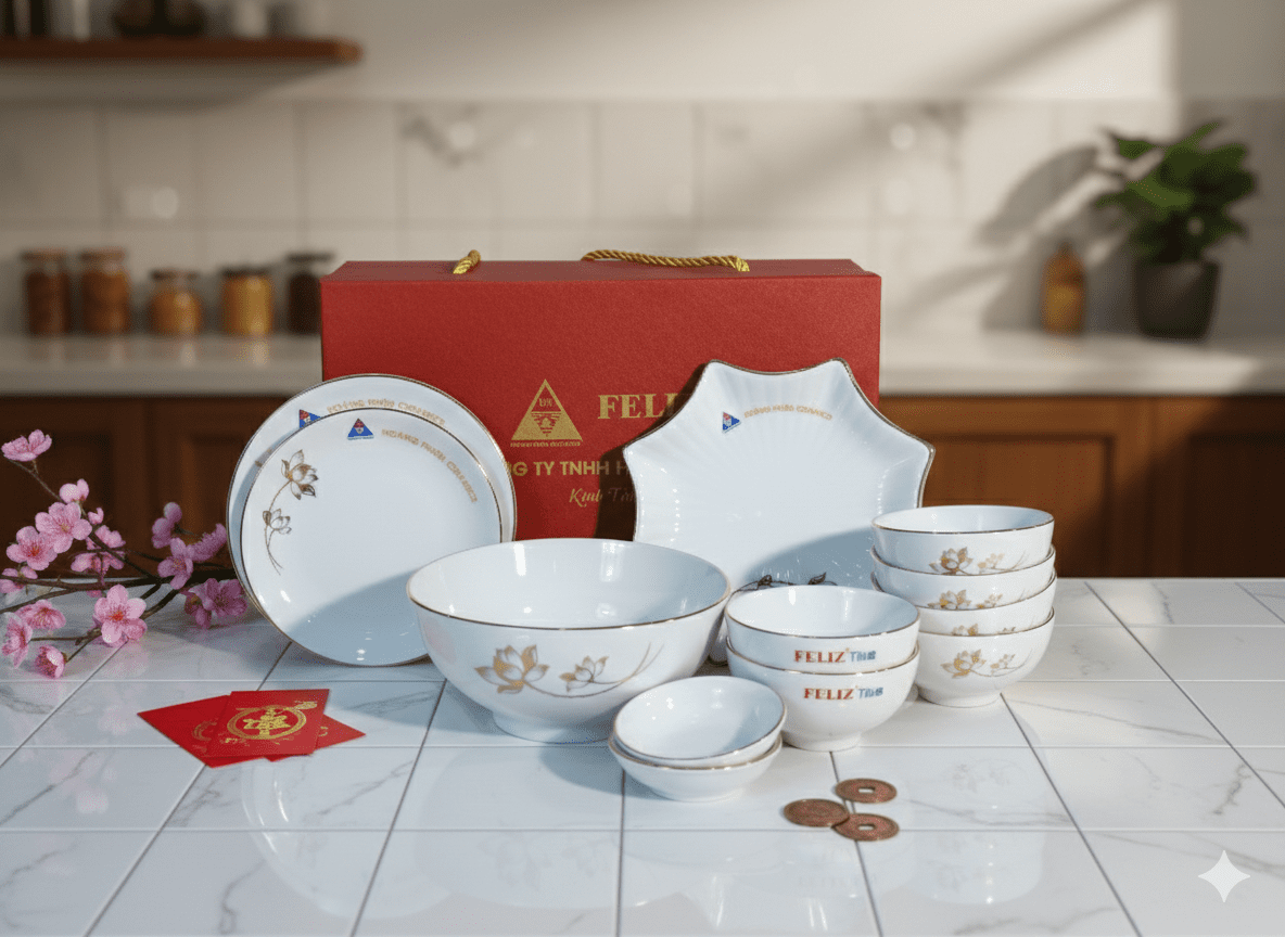 Bộ Bát Đĩa Men Trắng Hoa Sen Chỉ Vàng Kim 16 Món Bát Tràng