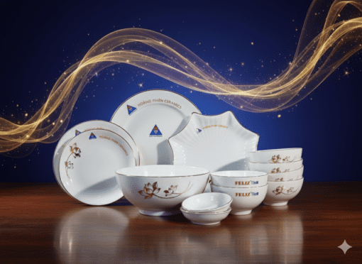 Bộ Đồ Ăn Hoa Sen Men Trắng Chỉ Vàng Kim 16 Món Cao Cấp