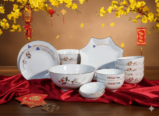Bộ Bát Đĩa Trắng Chỉ Vàng Hoa Sen Kim 16 Món – Gốm Sứ Bát Tràng
