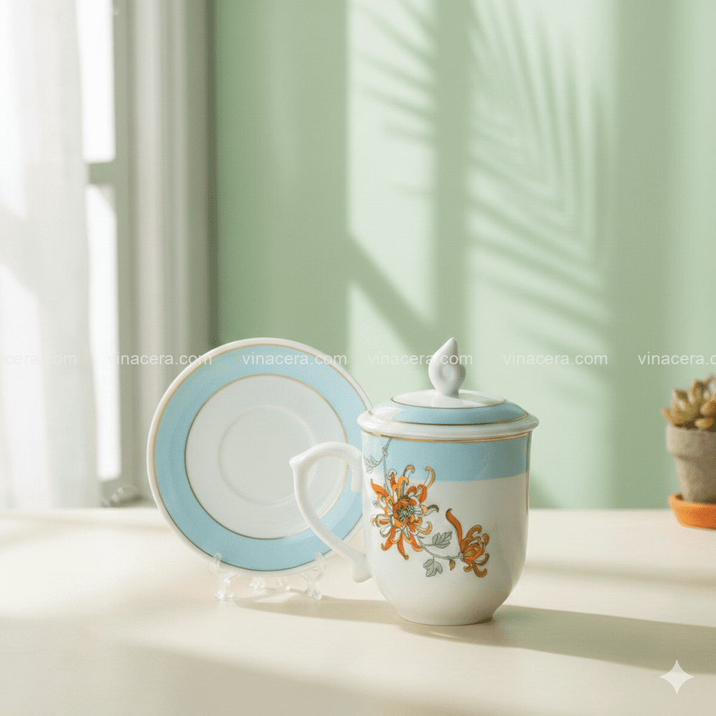 Ly Sứ Hoa Cúc Vàng Cam Viền Vàng Kim Có Nắp Đĩa Lót In Logo – Quà Tặng Doanh Nghiệp Cao Cấp