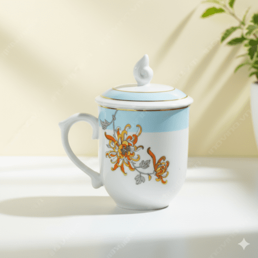 Ly Sứ Hoa Cúc Vàng Cam Viền Vàng Kim Có Nắp Đĩa Lót In Logo – Quà Tặng Doanh Nghiệp Cao Cấp