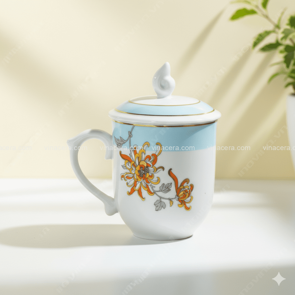 Ly Sứ Hoa Cúc Vàng Cam Viền Vàng Kim Có Nắp Đĩa Lót In Logo – Quà Tặng Doanh Nghiệp Cao Cấp