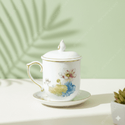 Ly sứ hoa sen hồng nắp lửa kẻ chỉ vàng in logo làm quà tặng doanh nghiệp cao cấp