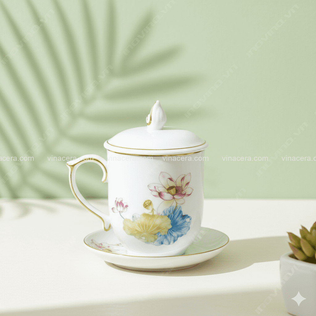 Ly sứ hoa sen hồng nắp lửa kẻ chỉ vàng in logo làm quà tặng doanh nghiệp cao cấp