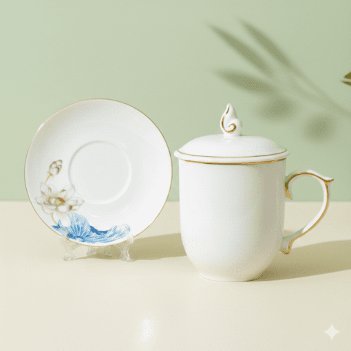 Ly sứ bát tràng hoa sen hồng nắp lửa kẻ chỉ vàng in logo làm quà tặng doanh nghiệp cao cấp