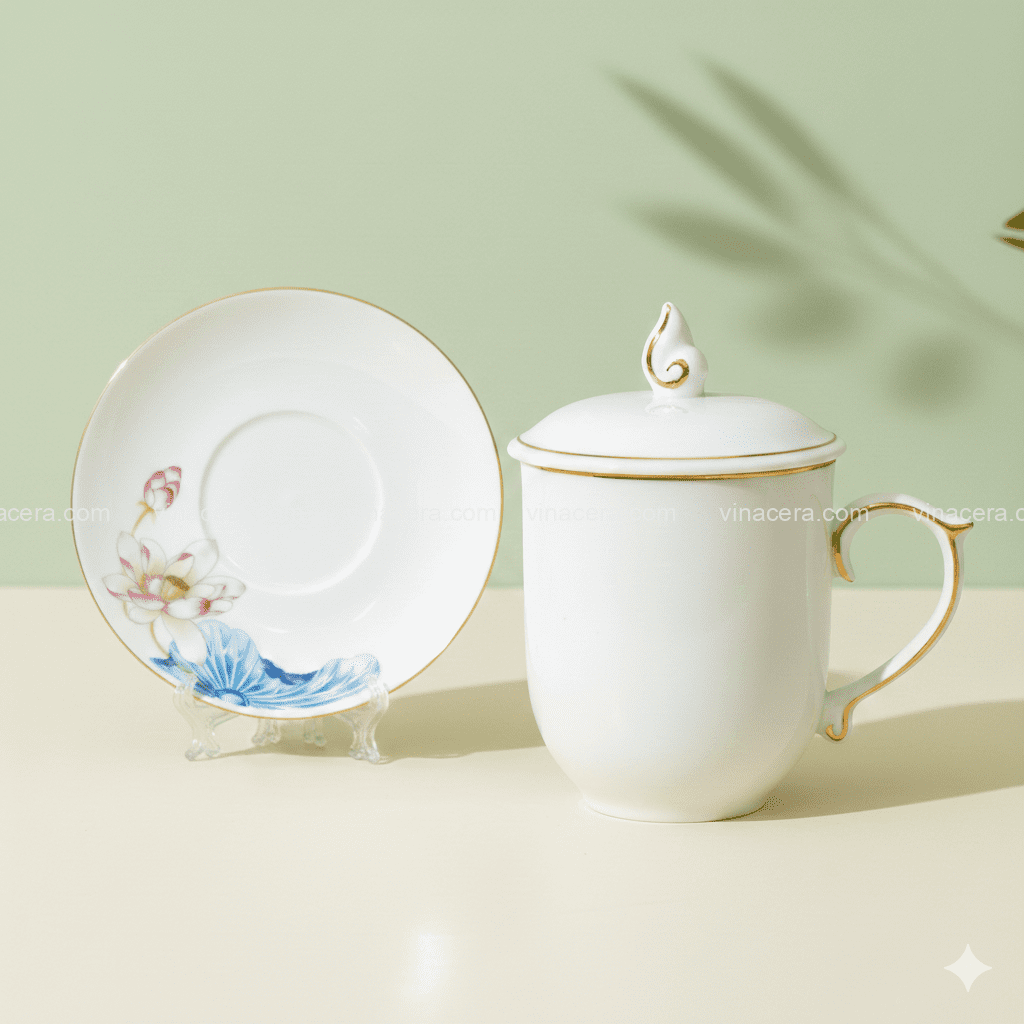 Ly sứ bát tràng hoa sen hồng nắp lửa kẻ chỉ vàng in logo làm quà tặng doanh nghiệp cao cấp