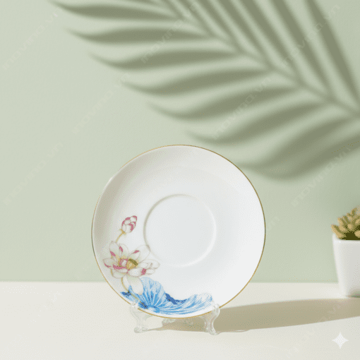 Ly sứ bát tràng hoa sen hồng nắp lửa kẻ chỉ vàng in logo làm quà tặng doanh nghiệp cao cấp