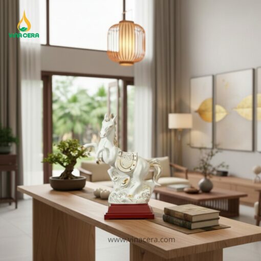 Tượng Bạch Mã Vẽ Vàng Kim Gốm Sứ Bát Tràng Cao Cấp