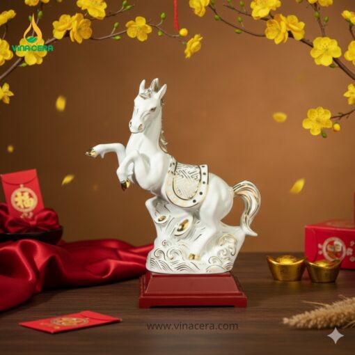 Tượng Bạch Mã Vẽ Vàng Kim Gốm Sứ Bát Tràng Cao Cấp
