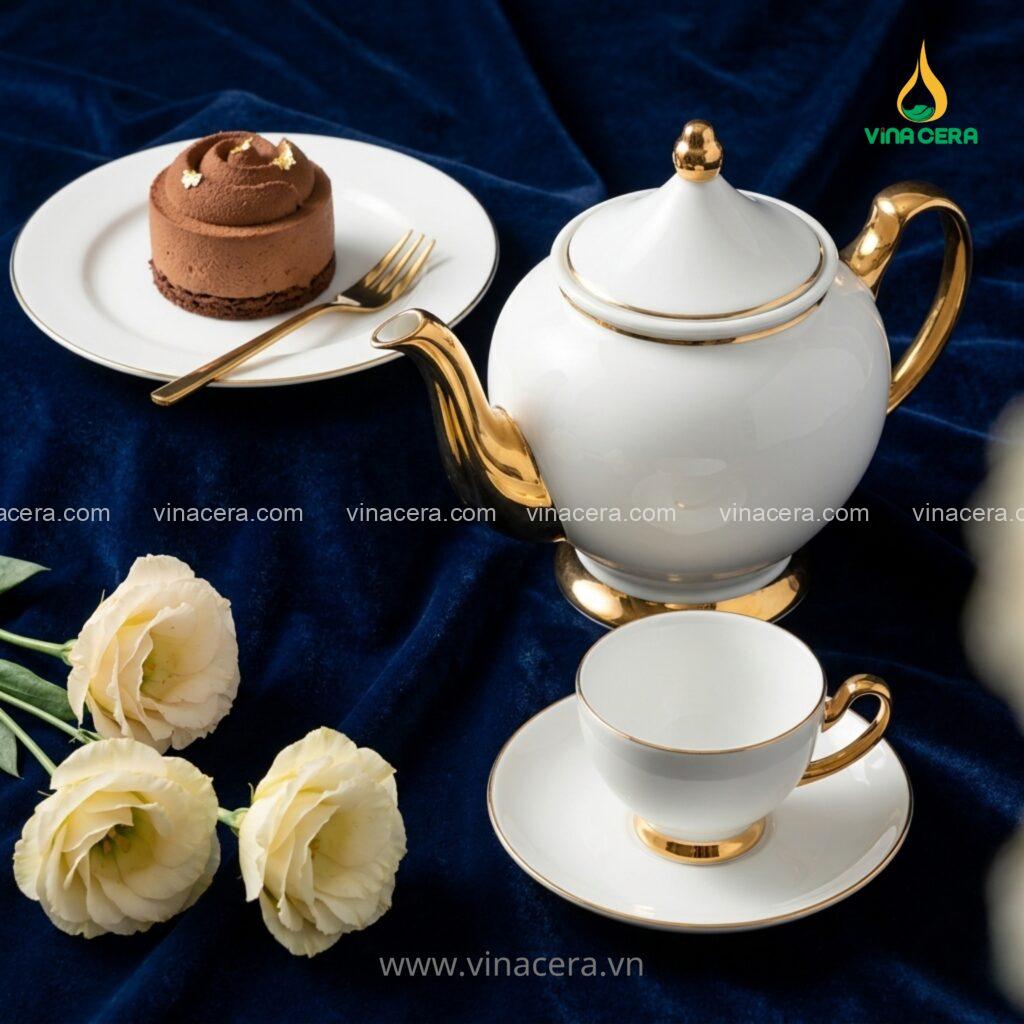 Bộ ấm chén mạ vàng Vinacera gốm sứ Bát Tràng cao cấp
