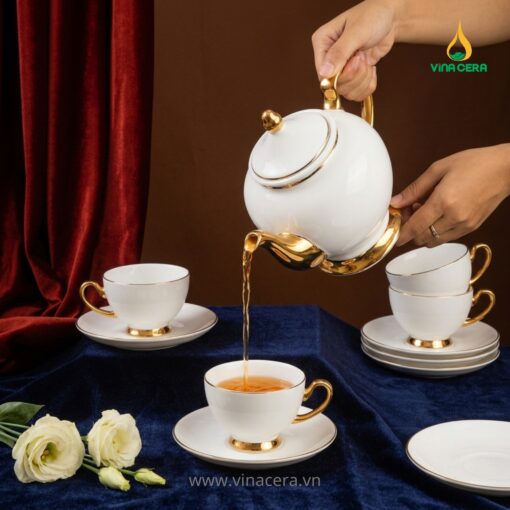 Bộ ấm chén Hoàng Cung mạ vàng Bát Tràng Vinacera cao cấp sang trọng