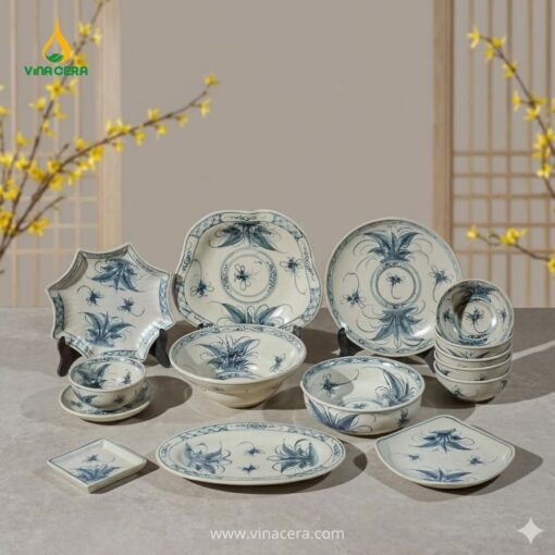 Bộ bát đĩa giả cổ Bát Tràng 25 món setup bàn ăn nhà hàng Việt chuyên nghiệp