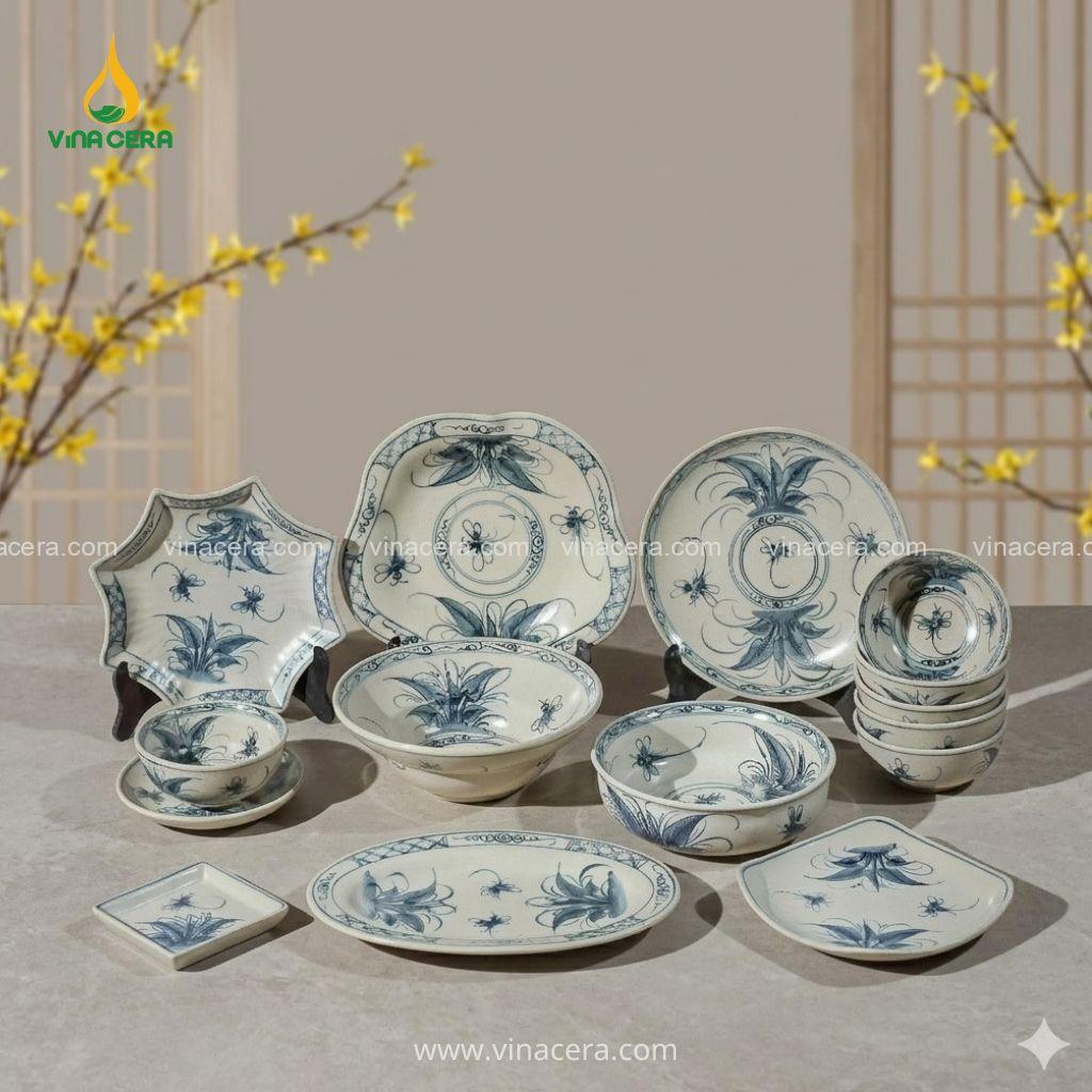 Bộ Chén Đĩa Bát Tràng Giả Cổ 25 Món – Phong Cách Cổ Điển Cho Nhà Hàng Bộ bát đĩa giả cổ Bát Tràng 25 món setup bàn ăn nhà hàng Việt chuyên nghiệp