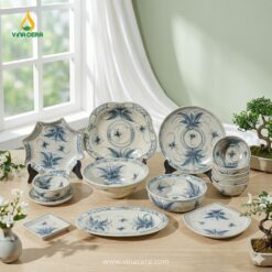 Họa tiết giả cổ trên bộ bát đĩa Bát Tràng 25 món tinh xảo, phong cách truyền thống