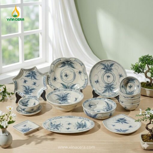 Bộ Chén Đĩa Bát Tràng Giả Cổ 25 Món – Phong Cách Cổ Điển Cho Nhà Hàng Họa tiết giả cổ trên bộ bát đĩa Bát Tràng 25 món tinh xảo, phong cách truyền thống